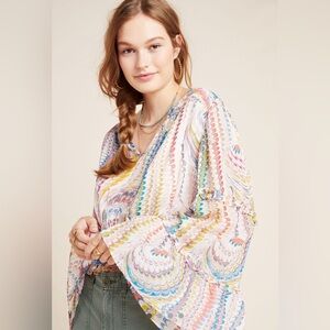 Anthropologie Maeve Jessa Peasant Blouse Smocked Bell‎ Sleeve Boho Flare Size XS